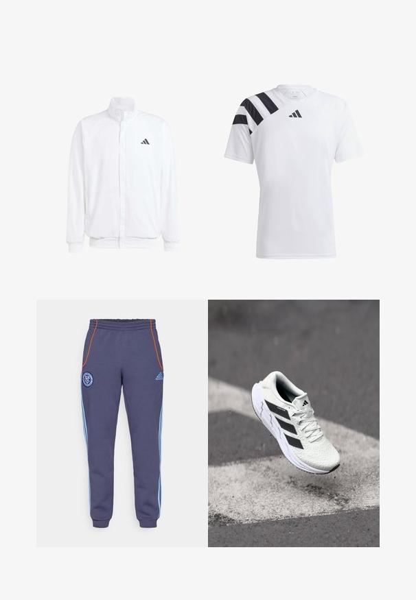 White lightweight jacket featuring a stand collar, front zipper closure, side pockets, and a black Adidas logo on the left chest. Soft texture.; White lightweight athletic shirt with black stripes on the left shoulder and black logo on the chest. Short sleeves, crew neck design.; Navy blue sweatpants with orange side seams and light blue stripes. Features a circular logo on the left thigh and elastic waistband.; White athletic shoe with textured mesh upper, black stripes, lace closure, and a cushioned sole, levitating above a marked road surface.
