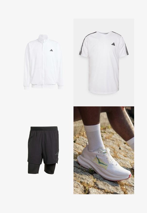 Weiße leichte Jacke mit Stehkragen, durchgehendem Reißverschluss, seitlichen Taschen und schwarzem Adidas-Logo auf der linken Brust. Weicher Stoff.; Weißes T-Shirt aus Baumwolle mit Rundhalsausschnitt, kurzen Ärmeln und schwarzen Akzenten in Form von drei Streifen an den Schultern; hat ein kleines schwarzes Logo.; Schwarze Sportshorts mit integrierter Innenschicht, aus atmungsaktivem Material hergestellt. Mit dezentem Logo und strukturierter Textur. Verstellbarer Bund.; HOKA MACH 6 - Laufschuh Straße - white/nimbus cloud