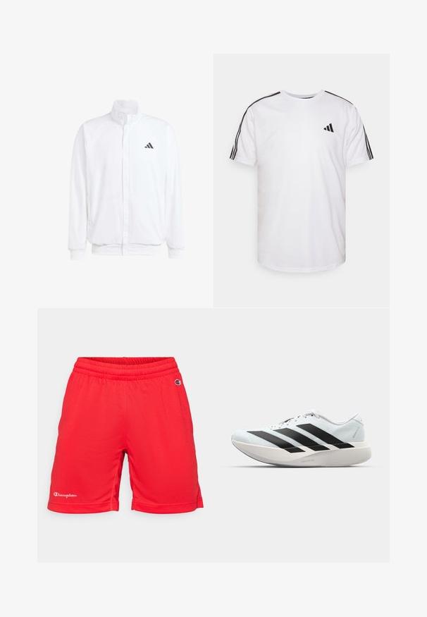 Biela ľahká bunda so stojáčikovým golierom, predným zipsom, bočnými vreckami a čiernym logom Adidas na ľavej hrudi. Mäkčená štruktúra.; Biela bavlnená tričko s okrúhlym výstrihom, krátkymi rukávmi a čiernymi trojpruhmi na pleciach; má malé čierne logo.; Červené športové šortky vyrobené z priedušnej sieťoviny. Obsahujú elastický pás a malé biele logo "Champion" na ľavom stehne.; Ľahké bežecké topánky v svetlomodrej farbe s čiernymi pruhmi. Majú hladký zvršok, okrúle špičky a hrubú bielu medzipodrážku označenú "LIGHTSTRIKE PRO."