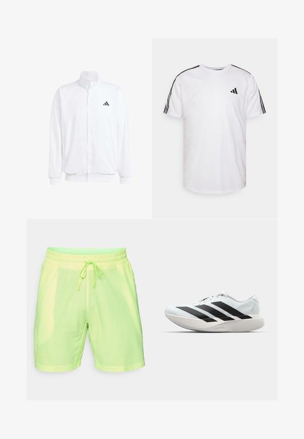 Fehér, könnyű dzseki, álló gallérral, elülső cipzáros záródással, oldalsó zsebekkel és fekete Adidas logóval a bal mellen. Puha tapintású.; Fehér pamut póló, kerek nyakkivágással, rövid ujjakkal, fekete három csíkos díszítéssel a vállakon; egy kis fekete logóval rendelkezik.; Lime zöld sportnadrág, könnyű, légáteresztő hálós anyagból, rugalmas derékpánttal és zsinórral. Texturált mintázattal rendelkezik.; Világoskék, fekete csíkos könnyű futószerek. Simább felső résszel, kerek orral és vastag fehér középtalppal, amelyen a "LIGHTSTRIKE PRO" felirat olvasható.