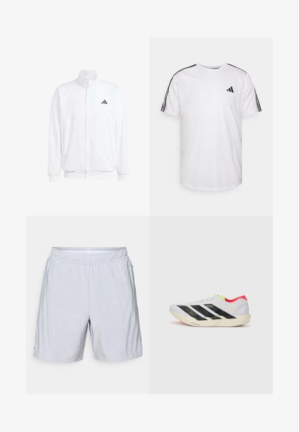 Vit lättviktsjacka med ståkrage, framdragkedja, sidofickor och en svart Adidas-logotyp på vänster bröst. Mjuk textur.; Vit t-shirt i bomull med rundad halsringning, korta ärmar och svarta tre-randiga detaljer på axlarna; har en liten svart logotyp.; adidas Performance SHORT - Träningsshorts - halo silver; Vit löparskor med svarta ränder, neongröna accenter och en röd häl. Har en lätt vikt och en strukturerad sula för grepp.