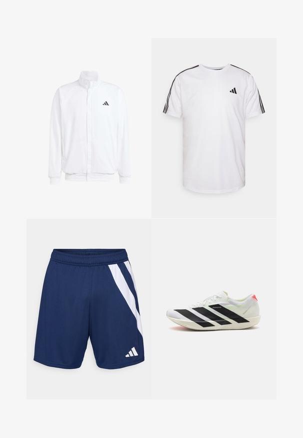 Valge kerge jakk, millel on seisev krae, ees lukuga kinnitus, küljetaskud ja must Adidas logo vasakul rinnal. Pehme tekstuur.; Valge puuvillane T-särk, millel on ümara kaeluse, lühikesed varrukad ja mustad kolmerealised aktsendid õlgadel; sisaldab väikest musta logo.; Tumedat sinised spordilühikesed püksid valge diagonaalse triibuga. Valmistatud kerge tene, painduva vöökoha ja logo detailiga.; Valged sportlikud kingad mustade diagonaalsete triipudega, kerge võrgumaterjal, rohelised aktsendid ja punane kand; omavad sujuvat ja piklikku disaini.