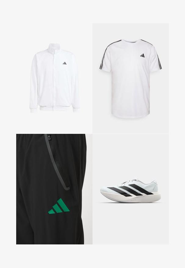 White lightweight jacket featuring a stand collar, front zipper closure, side pockets, and a black Adidas logo on the left chest. Soft texture.; White t-shirt made of cotton with crew neckline, short sleeves, and black three-stripe accents on shoulders; features a small black logo.; Black athletic pants made of smooth fabric, featuring a green Adidas logo and a zippered pocket with contrasting trim.; Lightweight running shoes in pale blue with black stripes. Features a smooth upper, round toe, and thick white midsole labeled "LIGHTSTRIKE PRO."
