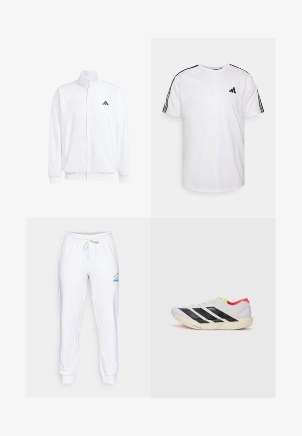 Balta lengva striukė su stovinčiu apykaklės, priekyje užtrauktuku, šoninėmis kišenėmis ir juodu Adidas logotipu kairėje krūtinės pusėje. Minkšta tekstūra.; Balta medvilninė marškinėliai su apvalia iškirpte, trumpomis rankovėmis ir juodomis trimis juostelėmis ant pečių; turi mažą juodą logotipą.; Balti medvilniniai treningai su elastingu juosmeniu, reguliuojamu raišteliu ir mėlynos bei vaivorykštės spalvų logotipu kairėje šlaunies pusėje.; Baltos bėgimo bateliai su juodomis juostelėmis, neoninių žalių akcentų ir raudonu kulnu. Jie pasižymi lengvu dizainu ir tekstūruotu padu, kuris suteikia sukibimą.