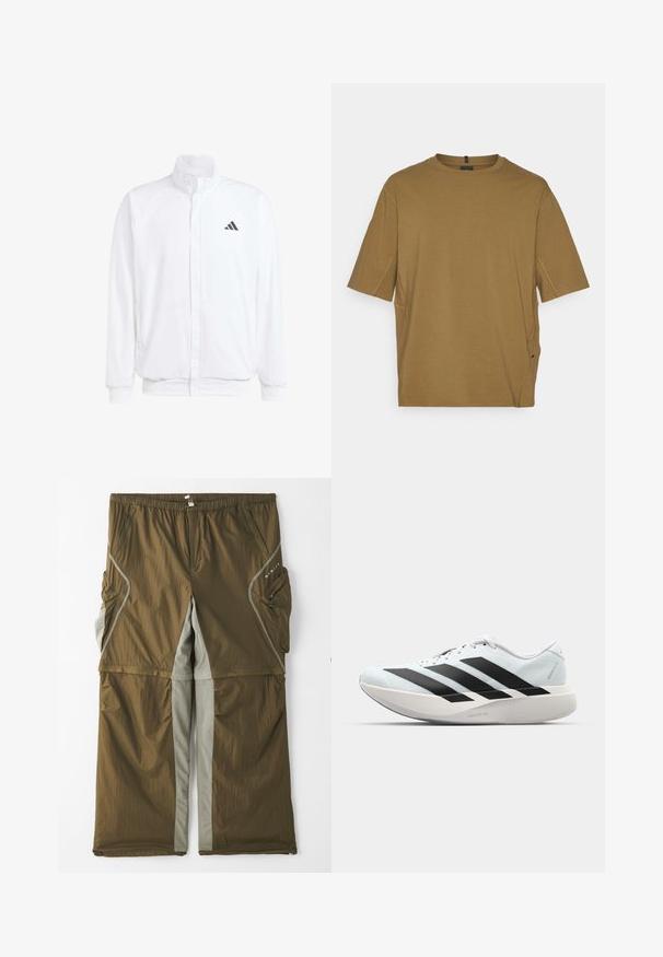 Valge kerge jakk, millel on seisev krae, ees lukuga kinnitus, küljetaskud ja must Adidas logo vasakul rinnal. Pehme tekstuur.; Lühema varrukaga pruun T-särk, mis on valmistatud pehmest kangast, ümmarguse kaelusega ja külgede lõigetega lisamugavuse saavutamiseks. Lihtne, kaunistusteta disain.; Pruunid kerged püksid hallide külgtaskutega, elastne vöökoht ja mitu külgtaskut. Tekstuuriga kangas, millel on kerge sära.; Kerged jooksujalatsid helesinises värvuses mustade triipudega. Omavad siledat pealispinda, ümarat varvase osa ja paksu valget vahemõõtu, millel on silt "LIGHTSTRIKE PRO".