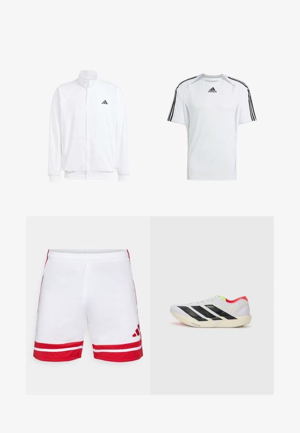 Biela ľahká bunda so stojáčikovým golierom, predným zipsom, bočnými vreckami a čiernym logom Adidas na ľavej hrudi. Mäkčená štruktúra.; Biele krátke rukávy športové tričko s čiernymi Adidas trojpruhmi na pleciach, vyrobené z hladkej, ľahkej tkaniny.; Biele športové šortky s červenými akcentmi, pričom na leme majú dve horizontálne červené pruhy, elastický pás a logo v pravom dolnom rohu.; Biele behacie topánky s čiernymi pruhmi, neonovo zelenými akcentmi a červeným podpätkom. Majú ľahkú konštrukciu a textúrovanú podrážku pre lepšiu trakciu.