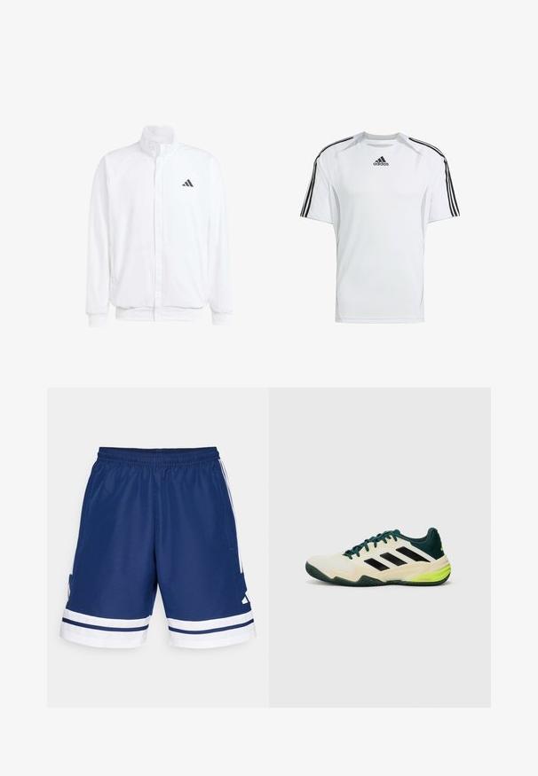 Valkoinen kevyt takki, jossa on pystysuora kaulus, etuvetoketju, sivutaskut ja musta Adidas-logo vasemmassa rinnassa. Pehmeä rakenne.; Valkoinen lyhythihainen urheilupaita, jossa on mustat Adidasin kolme raitaa olkapäillä, valmistettu sileästä ja kevyestä kankaasta.; Merin urheilu shortsit, joissa on joustava vyötärö, valkoiset yksityiskohdat ja sivutaskut. Vaatteessa on valkoiset raidat helman kohdalla. Polyesterimateriaalia.; Tennarit, joissa on kerma vaalea yläosa, mustat raidat, vihreät yksityiskohdat ja teksturoitu kumipohja pitävyyttä varten. Valmistettu synteettisistä materiaaleista.