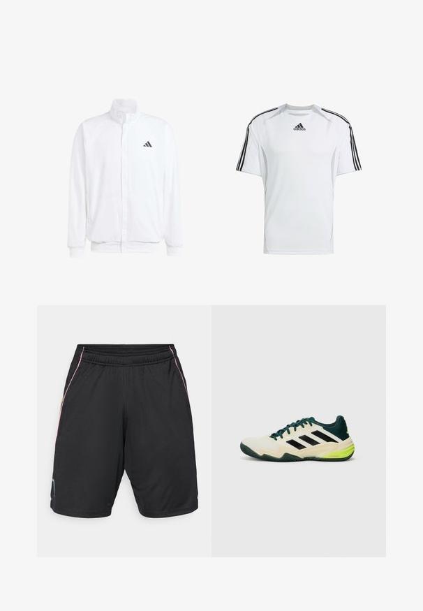 Weiße leichte Jacke mit Stehkragen, durchgehendem Reißverschluss, seitlichen Taschen und schwarzem Adidas-Logo auf der linken Brust. Weicher Stoff.; Weißes kurzärmliges Sportshirt mit schwarzen Adidas-Dreistreifenakzenten auf den Schultern, aus glattem, leichtem Stoff hergestellt.; Schwarze Sportshorts mit elastischem Bund, ausgestattet mit pinkfarbenen und gelben Seitenelementen sowie einem kleinen blauen Logo am linken Saum.; Tennisschuhe mit einem cremefarbenen Obermaterial, schwarzen Streifen, grünen Akzenten und einer strukturierten Gummisohle für besseren Grip. Hergestellt aus synthetischen Materialien.