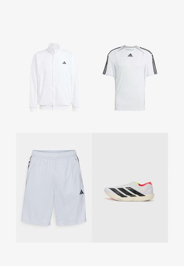 Valge kerge jakk, millel on seisev krae, ees lukuga kinnitus, küljetaskud ja must Adidas logo vasakul rinnal. Pehme tekstuur.; Valge lühikeste varrukatega spordipaita, millel on mustad Adidas kolm rada õlgadel, valmistatud siledast ja kergest kangast.; adidas Performance Spordišortsid - halo silver-coloured/black; Valge jooksuking mustade triipudega, ere roheline aksessuaar ja punane konts. Omab kerget disaini ja tekstureeritud talla, mis tagab haarde.