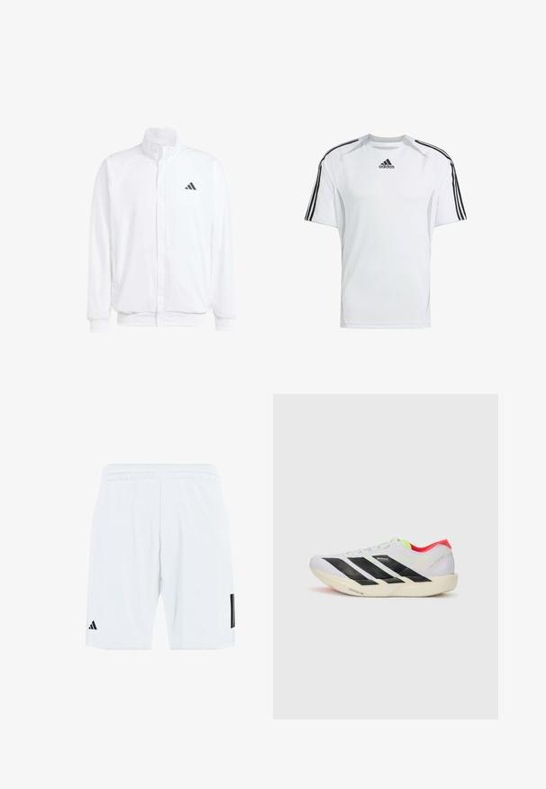 Balts viegls jaciņš ar stāvo apkakli, priekšējo rāvējslēdzēju, sānu kabatām un melnu Adidas logo kreisajā krūtī. Mīksta tekstūra.; Balts īsām piedurknēm sporta krekls ar melnā Adidas trīs svītru akcentiem uz pleciem, izgatavots no gludas, vieglas auduma.; Balti sporta šorti ar elastīgu jostu, sānos ar trim melnām svītrām un melnu logotipu uz kreisās apakšējās kājas.; Balti skrienamie apavi ar melnām svītrām, neona zaļiem akcentiem un sarkanu papēdi. Izceļas ar vieglu dizainu un teksturētu zoli, kas nodrošina labu saķeri.