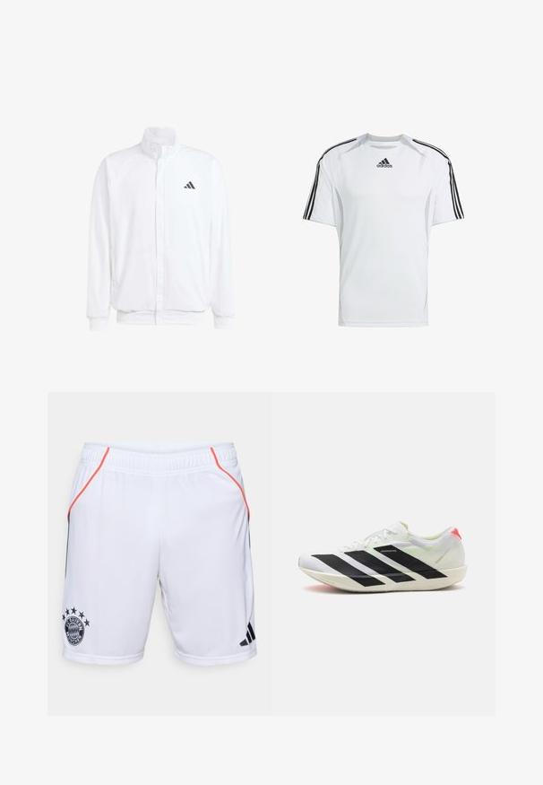 Casaco leve branco com colarinho alto, fecho frontal com zipper, bolsos laterais e um logótipo preto da Adidas no peito esquerdo. Textura suave.; Camisa atlética de manga curta branca com detalhes em preto das três faixas da Adidas nos ombros, feita de um tecido suave e leve.; Calções atléticos brancos com detalhes em preto e laranja. Apresenta o logótipo do FC Bayern München e três riscas pretas de lado. Material leve.; Sapatilha atlética branca com riscas diagonais pretas, material de malha leve, detalhes em verde e aba do calcanhar vermelha; apresenta um design elegante e alongado.