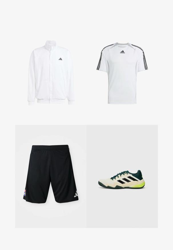 Valkoinen kevyt takki, jossa on pystysuora kaulus, etuvetoketju, sivutaskut ja musta Adidas-logo vasemmassa rinnassa. Pehmeä rakenne.; Valkoinen lyhythihainen urheilupaita, jossa on mustat Adidasin kolme raitaa olkapäillä, valmistettu sileästä ja kevyestä kankaasta.; Mustat urheilushortsit, jotka on valmistettu sileästä ja kevyestä kankaasta. Varustettu joustavalla vyötärönauhalla, harmaalla Adidas-logolla ja sivupatchilla.; Tennarit, joissa on kerma vaalea yläosa, mustat raidat, vihreät yksityiskohdat ja teksturoitu kumipohja pitävyyttä varten. Valmistettu synteettisistä materiaaleista.