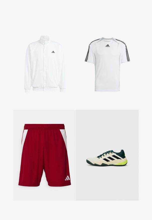 Chaqueta ligera blanca con cuello alzado, cierre frontal con cremallera, bolsillos laterales y un logo negro de Adidas en el lado izquierdo del pecho. Textura suave.; Camiseta atlética de manga corta blanca con acentos en negro de las tres rayas de Adidas en los hombros, hecha de una tela suave y ligera.; Pantalones cortos deportivos rojos con una textura suave, acentos laterales blancos, una cinturilla elástica y un logo de marca reflectante en la parte inferior derecha.; Zapatillas de tenis con parte superior crema, rayas negras, detalles verdes y una suela de goma texturizada para un mejor agarre. Construidas con materiales sintéticos.