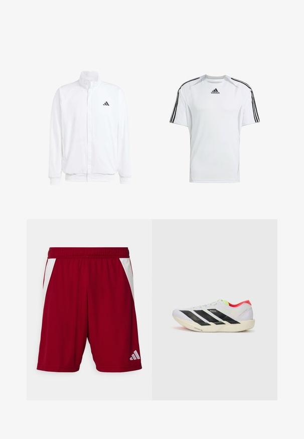 Vit lättviktsjacka med ståkrage, framdragkedja, sidofickor och en svart Adidas-logotyp på vänster bröst. Mjuk textur.; Vit kortärmad träningsskjorta med svarta Adidas tre-stripes detaljer på axlarna, tillverkad av smidigt, lättviktigt tyg.; Röda sportshorts med en slät textur, vita sidodetaljer, ett elastiskt midjeband och en reflekterande logotyp på nedersta högra sidan.; Vit löparskor med svarta ränder, neongröna accenter och en röd häl. Har en lätt vikt och en strukturerad sula för grepp.