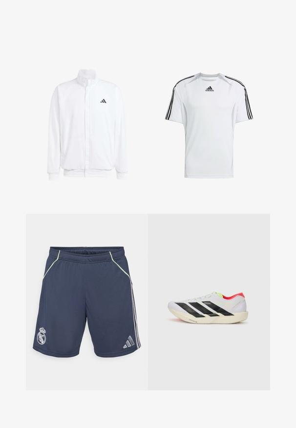 Balts viegls jaciņš ar stāvo apkakli, priekšējo rāvējslēdzēju, sānu kabatām un melnu Adidas logo kreisajā krūtī. Mīksta tekstūra.; Balts īsām piedurknēm sporta krekls ar melnā Adidas trīs svītru akcentiem uz pleciem, izgatavots no gludas, vieglas auduma.; Navy sporta šorti, izgatavoti no gludas auduma, ar gaiši zaļiem akcenta izšuvumiem un sudraba sānu svītrām. Satur Real Madrid logo.; Balti skrienamie apavi ar melnām svītrām, neona zaļiem akcentiem un sarkanu papēdi. Izceļas ar vieglu dizainu un teksturētu zoli, kas nodrošina labu saķeri.