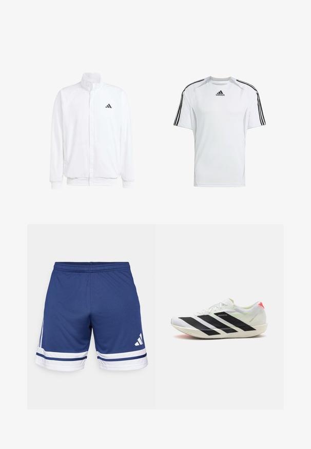 Balts viegls jaciņš ar stāvo apkakli, priekšējo rāvējslēdzēju, sānu kabatām un melnu Adidas logo kreisajā krūtī. Mīksta tekstūra.; Balts īsām piedurknēm sporta krekls ar melnā Adidas trīs svītru akcentiem uz pleciem, izgatavots no gludas, vieglas auduma.; Jūraszila sporta šortus izgatavoti no viegla materiāla, ar baltām un ziliem svītrām apmales malā un elastīgu jostu.; Baltas sporta apavs ar melnām diagonālām svītrām, viegla acu auduma materiāls, zaļi akcenti un sarkans papēža cilpiņa; izceļas ar plūstošu, iegarenu dizainu.