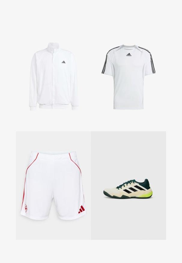 Chaqueta ligera blanca con cuello alzado, cierre frontal con cremallera, bolsillos laterales y un logo negro de Adidas en el lado izquierdo del pecho. Textura suave.; Camiseta atlética de manga corta blanca con acentos en negro de las tres rayas de Adidas en los hombros, hecha de una tela suave y ligera.; Pantalones cortos deportivos blancos con acentos laterales rojos, cinturilla elástica, que presentan un logotipo del equipo bordado y el logotipo de Adidas en el dobladillo.; Zapatillas de tenis con parte superior crema, rayas negras, detalles verdes y una suela de goma texturizada para un mejor agarre. Construidas con materiales sintéticos.