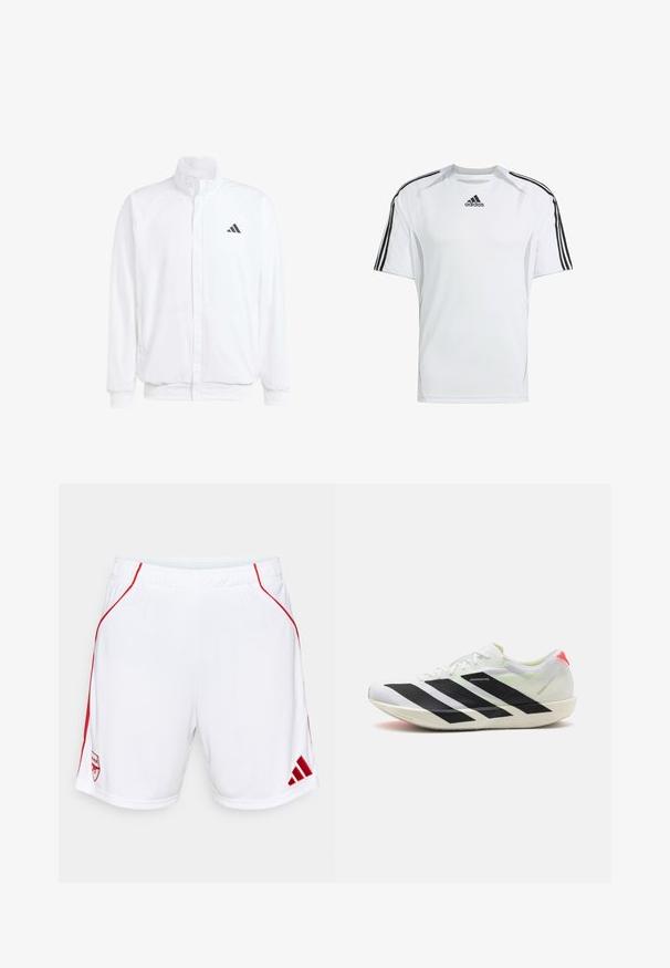 Casaco leve branco com colarinho alto, fecho frontal com zipper, bolsos laterais e um logótipo preto da Adidas no peito esquerdo. Textura suave.; Camisa atlética de manga curta branca com detalhes em preto das três faixas da Adidas nos ombros, feita de um tecido suave e leve.; Calções atléticos brancos com detalhes laterais vermelhos, cintura elástica, apresentando um logótipo da equipa bordado e o logótipo da Adidas na bainha.; Sapatilha atlética branca com riscas diagonais pretas, material de malha leve, detalhes em verde e aba do calcanhar vermelha; apresenta um design elegante e alongado.