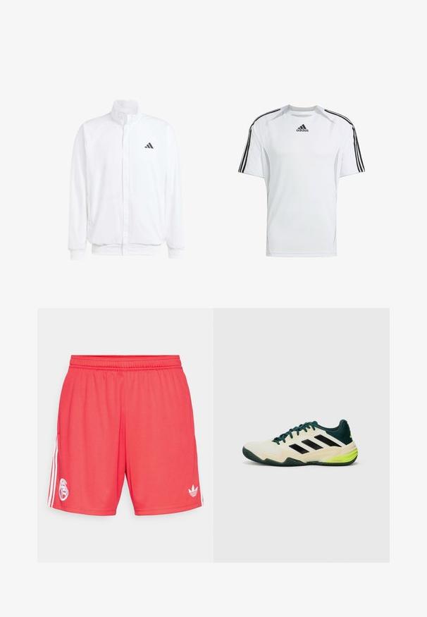 Hvid letvægtsjakke med en ståkrave, frontlynlås, sidelommer og et sort Adidas-logo på venstre bryst. Blød tekstur.; Hvid kortærmet træningsshirt med sorte Adidas tre-stribes detaljer på skuldrene, lavet af glat, letvægtsstof.; Røde atletiske shorts lavet af letvægtsstof, med et hvidt logo på venstre ben og tre hvide striber langs siderne.; Tennis sko med en cremefarvet overdel, sorte striber, grønne detaljer og en struktureret gummisål for greb. Fremstillet af syntetiske materialer.