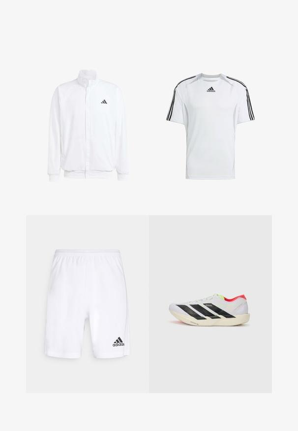 Weiße leichte Jacke mit Stehkragen, durchgehendem Reißverschluss, seitlichen Taschen und schwarzem Adidas-Logo auf der linken Brust. Weicher Stoff.; Weißes kurzärmliges Sportshirt mit schwarzen Adidas-Dreistreifenakzenten auf den Schultern, aus glattem, leichtem Stoff hergestellt.; Weiße Sportshorts aus leichtem Material, mit einem elastischen Bund und einem schwarzen Adidas-Logo am linken Bein.; Weißer Sportschuh mit schwarzen Streifen, neongrünen Akzenten und einer roten Ferse. Hat ein leichtes Design und eine strukturierte Sohle für besseren Grip.