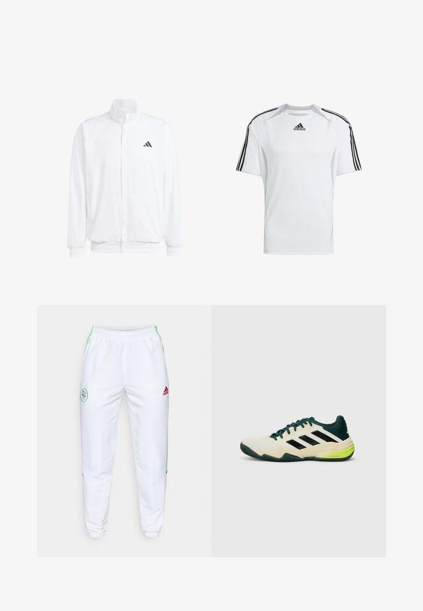 Bela lahka jakna s stojčnim ovratnikom, sprednjim zadrgo, stranskimi žepi in črnimi Adidasovimi logotipi na levem prsnem delu. Mehak material.; Bela kratka športna majica z črnimi Adidas tremi črtami na ramenih, izdelana iz gladkega, lahkega materiala.; Bele športe hlače z elastičnim pasom, zelenimi stranskimi črtami in rdečim Adidasovim logotipom. Imajo okrogel vezen niti na stegnu.; Tenis čevlji s kremnim zgornjim delom, črnimi črtami, zelenimi dodatki in teksturirano gumijasto podplatom za oprijem. Narejeni so iz sintetičnih materialov.