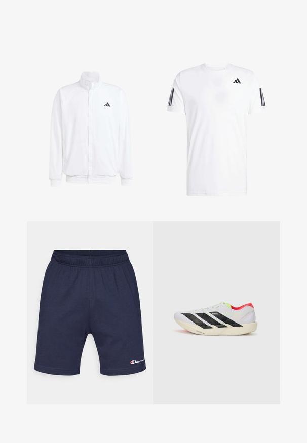 Λευκό ελαφρύ μπουφάν με όρθιο γιακά, φερμουάρ μπροστά, πλαϊνές τσέπες και μαύρο λογότυπο Adidas στο αριστερό στήθος. Μαλακή υφή.; Λευκό t-shirt από ύφασμα με κοντά μανίκια, στρογγυλή λαιμόκοψη και τρεις μαύρες διαγώνιες ρίγες σε κάθε μανίκι. Διακριτό λογότυπο στο στήθος.; Ναυτίλιες βαμβακερές βερμούδες με ελαστική μέση, με μικρό λευκό λογότυπο στο αριστερό τελείωμα και λεία, ελαφριά υφή.; Λευκό αθλητικό παπούτσι με μαύρες ρίγες, νεόν πράσινες λεπτομέρειες και κόκκινη φτέρνα. Διαθέτει ελαφρύ σχέδιο και υφή στη σόλα για καλύτερη πρόσφυση.