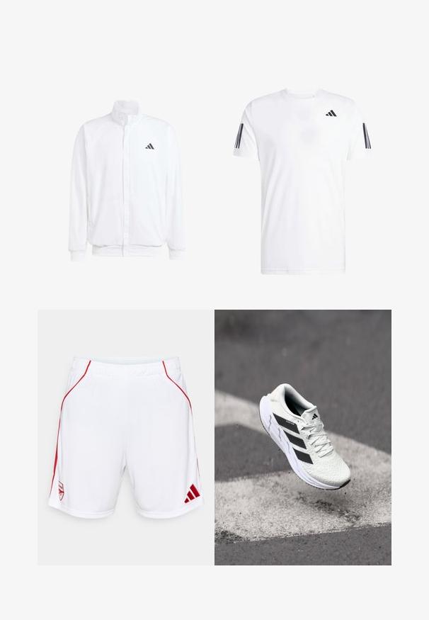Bela lahka jakna s stojčnim ovratnikom, sprednjim zadrgo, stranskimi žepi in črnimi Adidasovimi logotipi na levem prsnem delu. Mehak material.; Bela majica iz tkanine s kratkimi rokavi, okroglo ovratnikom in tremi črnimi diagonalnimi črtami na vsaki rokavi. Diskreten logotip na prsih.; Beli atletski šortsi z rdečimi stranskimi poudarki, elastičnem pasu, ki vključujejo vezeno ekipo logotip in logotip Adidas na robu.; Bela atletska čevlja z teksturiranim mrežastim zgornjim delom, črnimi črtami, zavezovanjem na vezalke in oblazinjenim podplatom, lebdi nad označeno cesto.