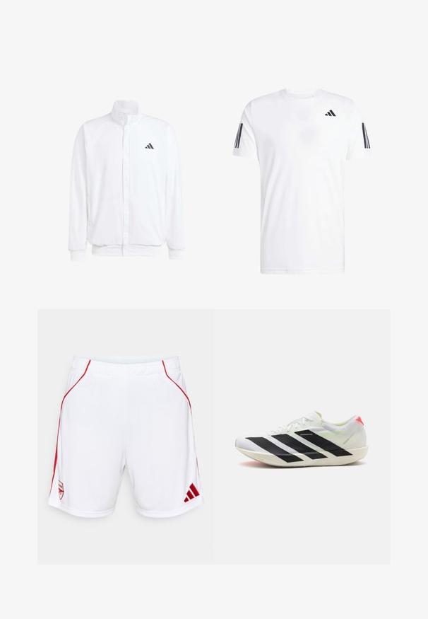 Bílá lehká bunda s stojatým límcem, předním zipem, bočními kapsami a černým logem Adidas na levé hrudi. Měkká textura.; Bílá tričko vyrobené z látky, s krátkými rukávy a kulatým výstřihem, má tři černé šikmé pruhy na každém rukávu. Diskrétní logo na hrudi.; Bílé sportovní šortky s červenými bočními akcenty, elastickým pasem, s vyšitým logem týmu a logem Adidas na lemu.; Bílé sportovní boty s černými diagonálními pruhy, lehký síťovaný materiál, zelené akcenty a červená patní klapka; mají štíhlý, prodloužený design.