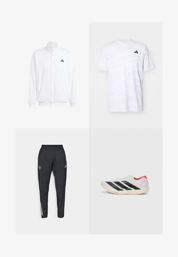 Witte lichtgewicht jas met een staande kraag, voorzijde met rits, zijzakken en een zwart Adidas-logo op de linkerborst. Zachte textuur.; Witte sportt-shirt met een subtiel golvenpatroon, ronde hals, korte mouwen en een zwart logo met drie strepen op de linkerbovenborst.; Zwarte sportbroek met een elastische tailleband, geborduurd logo op de dij en witte strepen die langs de zijkanten lopen.; Witte hardloopschoen met zwarte strepen, neon groene accenten en een rode hak. Beschikt over een lichtgewicht ontwerp en een gestructureerde zool voor grip.