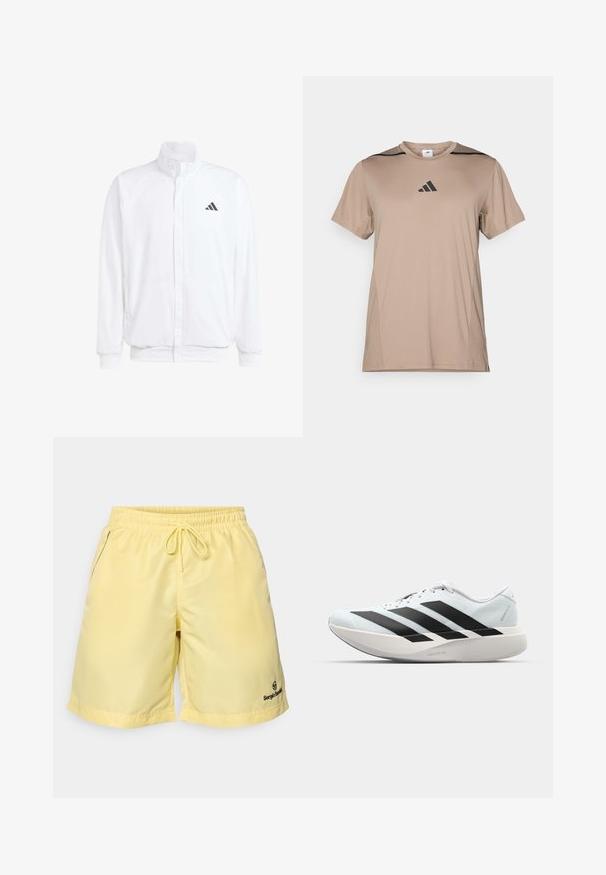 Weiße leichte Jacke mit Stehkragen, durchgehendem Reißverschluss, seitlichen Taschen und schwarzem Adidas-Logo auf der linken Brust. Weicher Stoff.; Tanfarbendes, sportliches T-Shirt aus glattem Material, mit schwarzen Akzenten an den Schultern und einem schwarzen Adidas-Logo, das zentral auf der Brust platziert ist.; Gelbe Schwimmshorts aus leichtem Material, mit elastischem Bund und Kordelzug, Seitentaschen und einem Logo am unteren Saum.; Leichte Laufschuhe in hellblau mit schwarzen Streifen. Sie verfügen über ein glattes Obermaterial, eine runde Zehenpartie und eine dicke weiße Zwischensohle, die mit "LIGHTSTRIKE PRO" beschriftet ist.