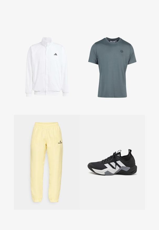 White lightweight jacket featuring a stand collar, front zipper closure, side pockets, and a black Adidas logo on the left chest. Soft texture.; Short-sleeve T-shirt in muted gray, made of soft fabric, featuring a round neck and small black logo on the left chest area.; Yellow track pants made of smooth fabric with an elastic waistband, featuring a small black logo on the left leg and zippered ankle openings.; Black athletic shoe with a textured upper, white three-stripe design, and a gray midsole. Features a padded collar and lace closure.