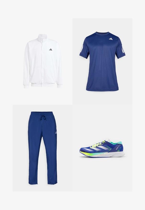 Casaco leve branco com colarinho alto, fecho frontal com zipper, bolsos laterais e um logótipo preto da Adidas no peito esquerdo. Textura suave.; Camisola atlética de manga curta azul marinho, feita de tecido suave, com decote redondo e um detalhe do logótipo branco na parte superior esquerda do peito.; Calças desportivas azul-marinho com uma cintura elástica e cordão. Apresenta um logotipo discreto na lateral e aberturas com fecho aos tornozelos.; adidas Performance ADIZERO ADIOS 8 - Sapatos para corrida em estrada - lucid blue/zero metallic/lucid lemon