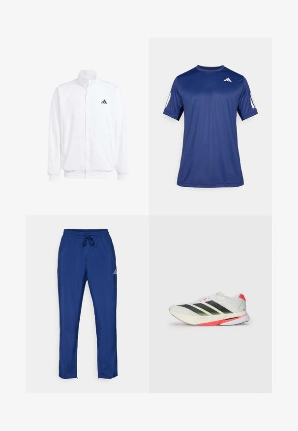 Veste légère blanche avec col montant, fermeture éclair sur le devant, poches latérales, et un logo Adidas noir sur la poitrine gauche. Texture douce.; T-shirt de sport à manches courtes bleu marine en tissu lisse, avec un col rond et un détail de logo blanc sur le haut à gauche de la poitrine.; Pantalons de sport bleu marine avec taille élastique et cordon de serrage. Présente un logo discret sur le côté et des ouvertures zippées aux chevilles.; Baskets blanches avec des rayures noires et vert fluo, dessus texturé, accents rouges sur le talon et une semelle extérieure légère.