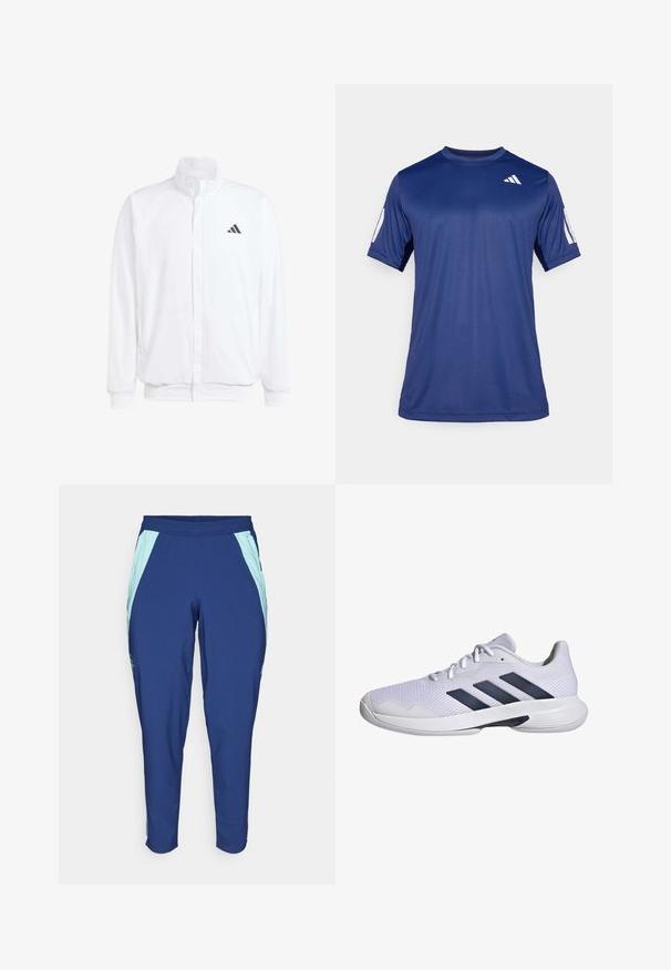 Biela ľahká bunda so stojáčikovým golierom, predným zipsom, bočnými vreckami a čiernym logom Adidas na ľavej hrudi. Mäkčená štruktúra.; Námornícky modrá športová košeľa s krátkym rukávom vyrobená z hladkej tkaniny, s okrúhlym výstrihom a bielym logom umiestneným na hornej ľavej strane hrude.; adidas Performance ARSENAL FC 24/25 TIRO24 PRESENTATION - Klubové oblečenie - night sky; Biele športové topánky s priedušným sieťovaným zvrškom, námornícky modrý trojpruhový dizajn, textúrovaná podrážka a zaoblená špička pre väčšiu stabilitu.