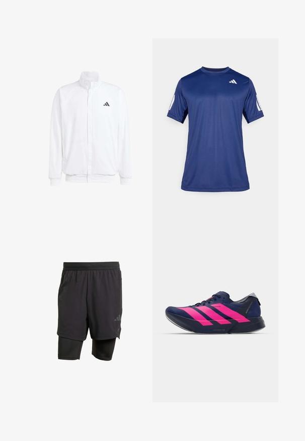 Casaco leve branco com colarinho alto, fecho frontal com zipper, bolsos laterais e um logótipo preto da Adidas no peito esquerdo. Textura suave.; Camisola atlética de manga curta azul marinho, feita de tecido suave, com decote redondo e um detalhe do logótipo branco na parte superior esquerda do peito.; Calções atléticos pretos com camada interior integrada, feitos de tecido respirável. Apresentam um logotipo subtil e textura estruturada. Cintura ajustável.; adidas Performance ADIZERO ADIOS PRO 4 - Sapatos para corrida em estrada - dark blue/shock pink/dash grey