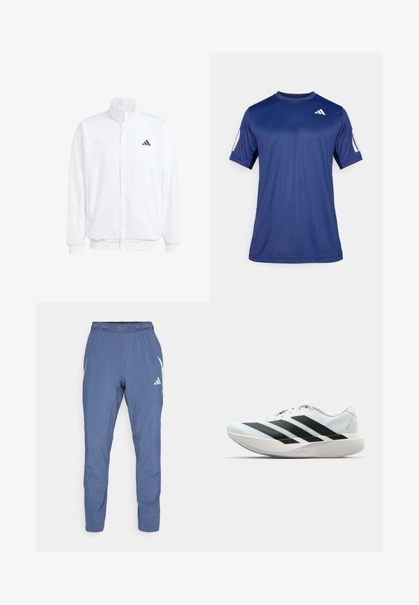 Bela lahka jakna s stojčnim ovratnikom, sprednjim zadrgo, stranskimi žepi in črnimi Adidasovimi logotipi na levem prsnem delu. Mehak material.; Mornarsko modra kratka športna majica iz gladkega materiala, s krožnim ovratnikom in belim logotipom na zgornjem levem prsnem delu.; Temno modri športni hlače iz lahkega materiala, z elastičnim pasom, vpeto zasnovo nogavice in belim logotipom blagovne znamke na strani.; Lahki tekaški čevlji v svetlo modri barvi z belimi črtami. Imajo gladek zgornji del, okroglo kapico in debel bel srednji podplat z označbo "LIGHTSTRIKE PRO."