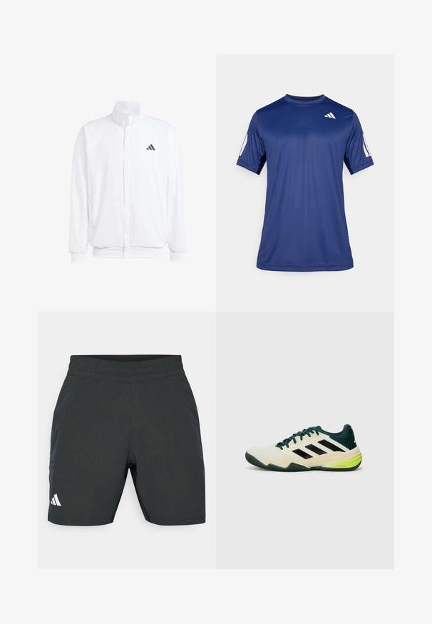 Balta lengva striukė su stovinčiu apykaklės, priekyje užtrauktuku, šoninėmis kišenėmis ir juodu Adidas logotipu kairėje krūtinės pusėje. Minkšta tekstūra.; Tamsiai mėlyna trumpa rankovė sportinė marškinė, pagaminti iš lygios medžiagos, su apvalia iškirpte ir balto logo detale viršutiniame kairiajame krūtinės kampe.; Juodos sportinės šortai su tekstūruotu raštu, elastinga juosta ir šoninėmis kišenėmis. Yra baltas logotipas apatinėje kairėje pusėje.; Teniso batai su kreminės spalvos viršumi, juodomis juostomis, žalios spalvos akcentais ir tekstūruota gumine padais, užtikrinančiu sukibimą. Pagaminti iš sintetinių medžiagų.