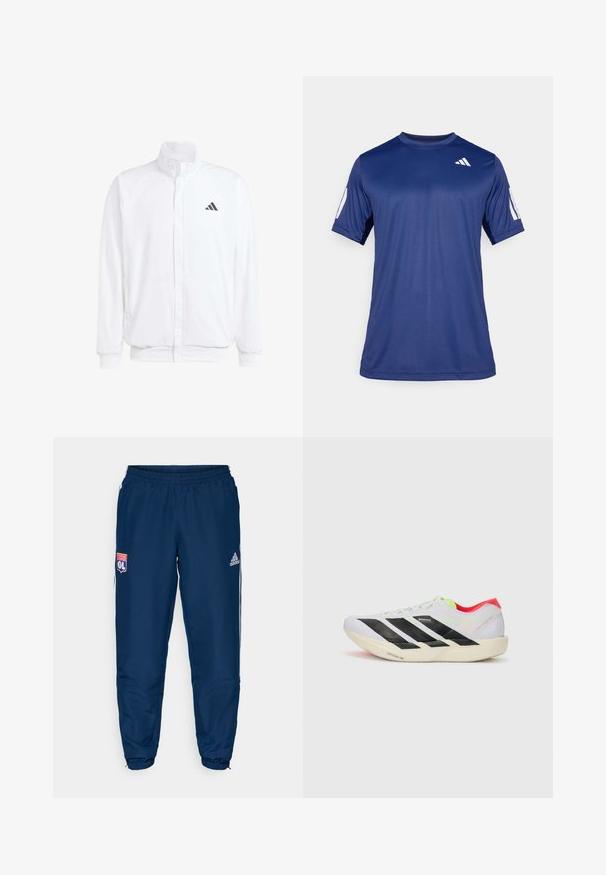 Biela ľahká bunda so stojáčikovým golierom, predným zipsom, bočnými vreckami a čiernym logom Adidas na ľavej hrudi. Mäkčená štruktúra.; Námornícky modrá športová košeľa s krátkym rukávom vyrobená z hladkej tkaniny, s okrúhlym výstrihom a bielym logom umiestneným na hornej ľavej strane hrude.; Modré športové nohavice s elastickým pásom, vybavené bielymi bočnými pruhmi a logom Olympique Lyonnais na ľavom stehne.; Biele behacie topánky s čiernymi pruhmi, neonovo zelenými akcentmi a červeným podpätkom. Majú ľahkú konštrukciu a textúrovanú podrážku pre lepšiu trakciu.
