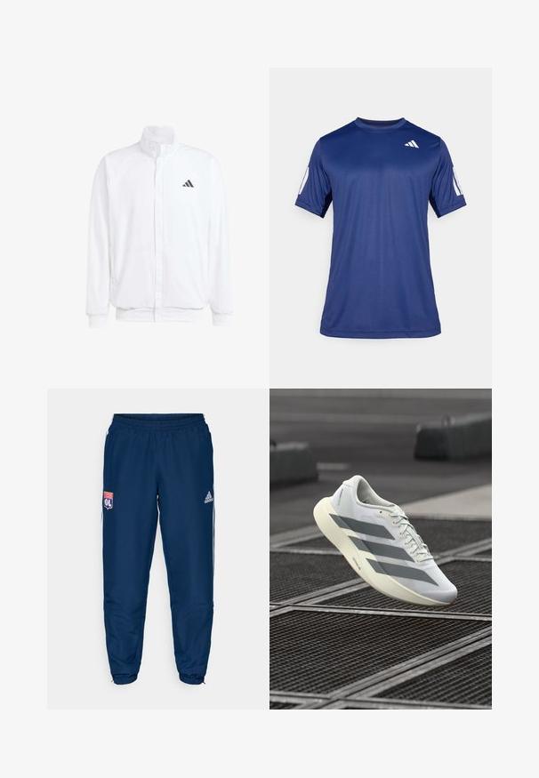 Biela ľahká bunda so stojáčikovým golierom, predným zipsom, bočnými vreckami a čiernym logom Adidas na ľavej hrudi. Mäkčená štruktúra.; Námornícky modrá športová košeľa s krátkym rukávom vyrobená z hladkej tkaniny, s okrúhlym výstrihom a bielym logom umiestneným na hornej ľavej strane hrude.; Modré športové nohavice s elastickým pásom, vybavené bielymi bočnými pruhmi a logom Olympique Lyonnais na ľavom stehne.; Biela športová obuv s textúrovaným sieťovinovým zvrškom, s šedými pruhmi a vankúšovou podrážkou. Ľahký dizajn vhodný na beh.