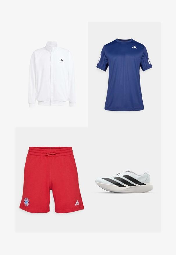 Bijela lagana jakna s visokim ovratnikom, prednjim zatvaračem, bočnim džepovima i crnim Adidas logom na lijevoj sisi. Mekana tekstura.; Temno plava kratka majica s kratkim rukavima za sport, izrađena od glatkog materijala, sa okruglim izrezom i bijelim logotipom na gornjem lijevom dijelu grudi.; Crvene atletske kratke hlače od mekog, prozračnog materijala. Imaju elastičnu traku na struku s vezicom, logo FC Bayern München i Adidas brendiranje.; Lagane tenisice za trčanje u svijetloplavoj boji s crnim trakama. Imaju glatku gornju površinu, okrugli vrh i debeli bijeli srednji sloj označen "LIGHTSTRIKE PRO."