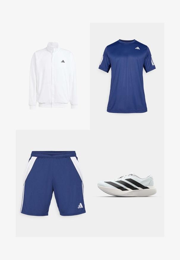 Casaco leve branco com colarinho alto, fecho frontal com zipper, bolsos laterais e um logótipo preto da Adidas no peito esquerdo. Textura suave.; Camisola atlética de manga curta azul marinho, feita de tecido suave, com decote redondo e um detalhe do logótipo branco na parte superior esquerda do peito.; Calções de desporto em azul-marinho com painéis laterais brancos, cintura elástica e detalhe do logótipo na bainha inferior. Fabricados em tecido leve e respirável.; Tênis de corrida leves em azul pálido com riscas pretas. Apresentam um cabedal liso, bico redondo e uma entressola espessa branca rotulada como "LIGHTSTRIKE PRO."