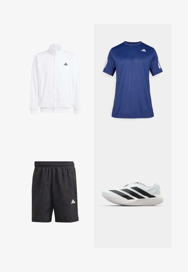 Casaco leve branco com colarinho alto, fecho frontal com zipper, bolsos laterais e um logótipo preto da Adidas no peito esquerdo. Textura suave.; Camisola atlética de manga curta azul marinho, feita de tecido suave, com decote redondo e um detalhe do logótipo branco na parte superior esquerda do peito.; Calções de desporto pretos com um cós elástico, bolsos laterais com fecho e um logotipo branco na perna esquerda. Textura leve e suave.; Tênis de corrida leves em azul pálido com riscas pretas. Apresentam um cabedal liso, bico redondo e uma entressola espessa branca rotulada como "LIGHTSTRIKE PRO."