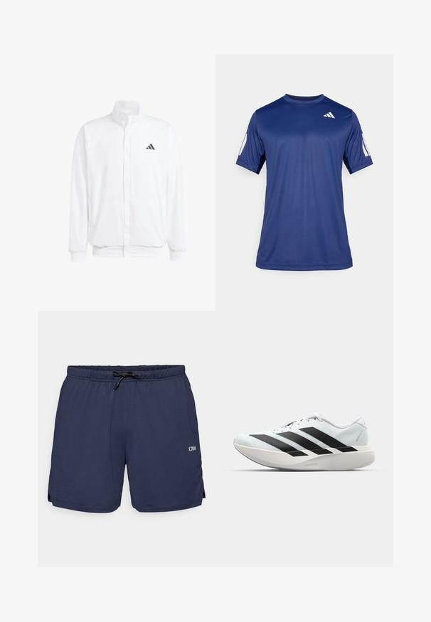 Weiße leichte Jacke mit Stehkragen, durchgehendem Reißverschluss, seitlichen Taschen und schwarzem Adidas-Logo auf der linken Brust. Weicher Stoff.; Marineblaue kurzärmelige Sportshirt aus glattem Material, mit Rundhalsausschnitt und einem weißen Logodetail auf der oberen linken Brust.; Marineblaue Badeshorts mit strukturiertem Muster, elastischem Bund und verstellbarem Kordelzug. Mit Seitenschlitzen für Beweglichkeit und einem Logo-Detail.; Leichte Laufschuhe in hellblau mit schwarzen Streifen. Sie verfügen über ein glattes Obermaterial, eine runde Zehenpartie und eine dicke weiße Zwischensohle, die mit "LIGHTSTRIKE PRO" beschriftet ist.
