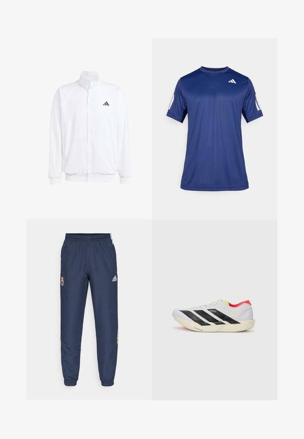 Balta lengva striukė su stovinčiu apykaklės, priekyje užtrauktuku, šoninėmis kišenėmis ir juodu Adidas logotipu kairėje krūtinės pusėje. Minkšta tekstūra.; Tamsiai mėlyna trumpa rankovė sportinė marškinė, pagaminti iš lygios medžiagos, su apvalia iškirpte ir balto logo detale viršutiniame kairiajame krūtinės kampe.; Tamsiai mėlynos sportinės kelnės su elastine juosta, šoninėmis juostelėmis baltos ir limonų žalios spalvų, ir siuvinėtu „Real Madrid“ logotipu kairėje šlaunyje.; Baltos bėgimo bateliai su juodomis juostelėmis, neoninių žalių akcentų ir raudonu kulnu. Jie pasižymi lengvu dizainu ir tekstūruotu padu, kuris suteikia sukibimą.