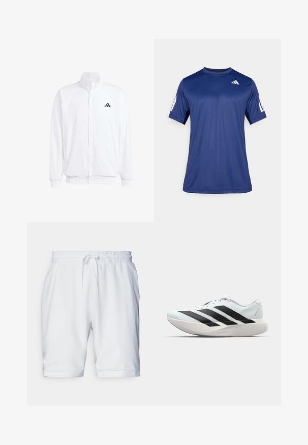Valge kerge jakk, millel on seisev krae, ees lukuga kinnitus, küljetaskud ja must Adidas logo vasakul rinnal. Pehme tekstuur.; Tume sinine lühikeste varrukatega spordisärk, mis on valmistatud siledast kangast, ümmarguse kaelaauguga ja valge logoga vasakul ülemisel rinnaosal.; Valged sportlikud lühikesed püksid elastse vöökohaga ja reguleeritava paelaga. Sile kangas, millel on peen struktuur, ja küljetaskud.; Kerged jooksujalatsid helesinises värvuses mustade triipudega. Omavad siledat pealispinda, ümarat varvase osa ja paksu valget vahemõõtu, millel on silt "LIGHTSTRIKE PRO".