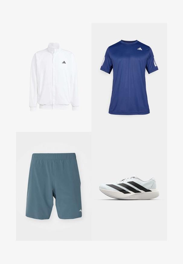 Casaco leve branco com colarinho alto, fecho frontal com zipper, bolsos laterais e um logótipo preto da Adidas no peito esquerdo. Textura suave.; Camisola atlética de manga curta azul marinho, feita de tecido suave, com decote redondo e um detalhe do logótipo branco na parte superior esquerda do peito.; Mizuno FLEX SHORT - Calções desportivos - blue mirage; Tênis de corrida leves em azul pálido com riscas pretas. Apresentam um cabedal liso, bico redondo e uma entressola espessa branca rotulada como "LIGHTSTRIKE PRO."