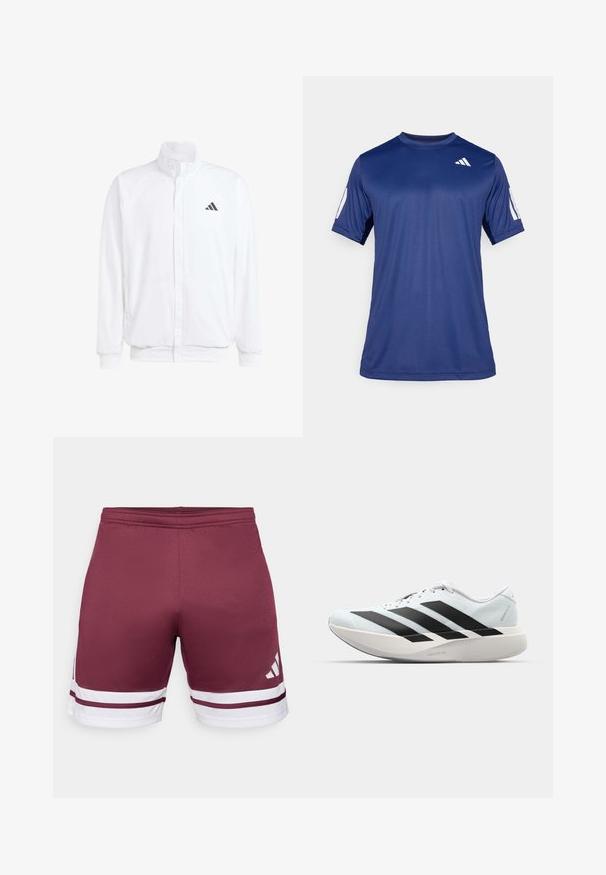 Valkoinen kevyt takki, jossa on pystysuora kaulus, etuvetoketju, sivutaskut ja musta Adidas-logo vasemmassa rinnassa. Pehmeä rakenne.; T-paita tummansinisestä lyhythihaisesta urheiluvaatetuksesta, joka on valmistettu sileästä kankaasta. Paitassa on pyöreä pääntie ja valkoinen logo vasemmassa rintakehässä.; viininpunaiset urheiluhousut valkoisilla raidoilla. Sujuva rakenne, joustava vyötärö, ja alemmas sijoitettu logotyyppinen yksityiskohta.; Kevyt juoksukengät vaaleansinisinä mustilla raidoilla. Ominaisuuksiin kuuluu sileä pinta, pyöreä kärki ja paksu valkoinen välipohja, joka on merkitty "LIGHTSTRIKE PRO".