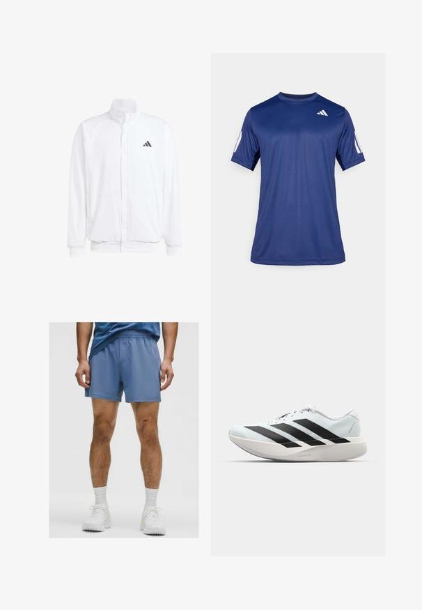 Valge kerge jakk, millel on seisev krae, ees lukuga kinnitus, küljetaskud ja must Adidas logo vasakul rinnal. Pehme tekstuur.; Tume sinine lühikeste varrukatega spordisärk, mis on valmistatud siledast kangast, ümmarguse kaelaauguga ja valge logoga vasakul ülemisel rinnaosal.; Sinised spordilühikesed püksid elastse vöökohtaga, millel on sile tekstuur ja mugav lõige. Kanda koos valgete spordijalanõude ja sokkidega.; Kerged jooksujalatsid helesinises värvuses mustade triipudega. Omavad siledat pealispinda, ümarat varvase osa ja paksu valget vahemõõtu, millel on silt "LIGHTSTRIKE PRO".