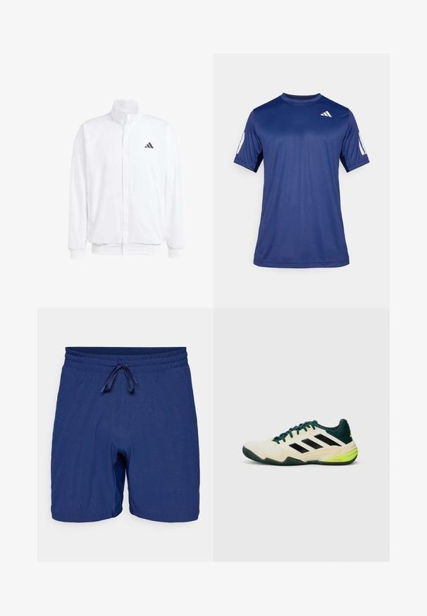 Balts viegls jaciņš ar stāvo apkakli, priekšējo rāvējslēdzēju, sānu kabatām un melnu Adidas logo kreisajā krūtī. Mīksta tekstūra.; Navy zila īsām piedurknēm sporta krekls, kas izgatavots no gludas auduma, ar apaļu kakla izgriezumu un baltu logotipa detaļu kreisajā augšējā krūtīs.; Zili peldēšanas šorti ar elastīgu jostasvietu un auklas aizdari. Iespējas: teksturēta auduma raksts un vidēja garuma griezums.; Tenisa apavi ar krēmkrāsas augšdaļu, melnām svītrām, zaļiem akcentiem un strukturētu gumijas zoli labākai saķerei. Izgatavoti no sintētiskiem materiāliem.