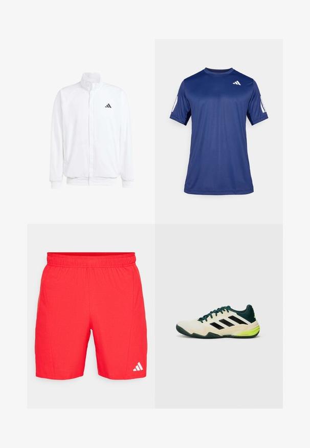 Jachetă albă ușoară, cu guler în picioare, închidere cu fermoar în față, buzunare laterale și un logo Adidas negru pe pieptul stâng. Textură moale.; Cămașă sport cu mânecă scurtă de culoare albastră marină, fabricată dintr-un material neted, având guler rotund și un detaliu cu logo alb în partea superioară stângă a pieptului.; Shorts sportive roșii cu un brâu elastic, țesătură texturată și un logo alb Adidas aproape de margine.; Pantofi de tenis cu un superior crem, dungi negre, accente verzi și o talpă din cauciuc texturat pentru aderență. Construiți din materiale sintetice.
